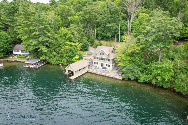 overhead view from the water of French Mountain Cove vacation rental on Lake George