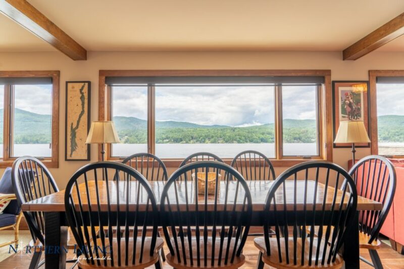 dining table and chairs for 8 with view of lake george
