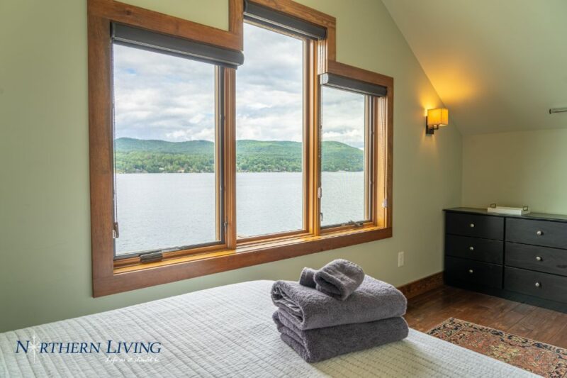 View of Lake George from one of the bedrooms at French Mountain Cove vacation home rental