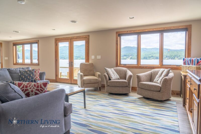windows overlooking Lake George in the French Mountain Cove vacation home rental