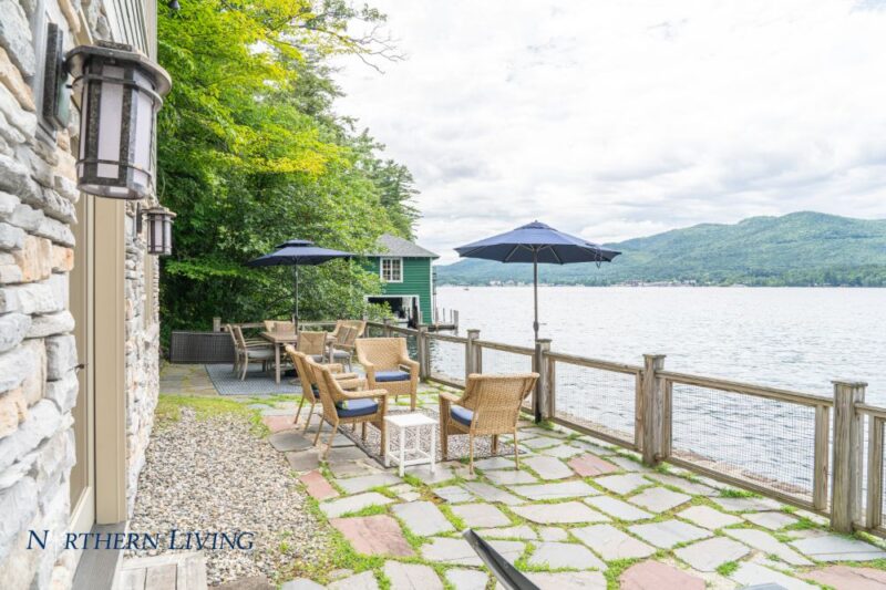 Patio overlooking Lake George at the French Mountain Cove vacation home rental