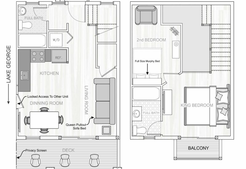 Floor plan for Lakeside Lodging vacation rental in Lake George, featuring a kitchen, dining room and living room, a full bath, washer & dryer, and deck on the first floor and two bedrooms, a full bath and a balcony off the kind bedroom on the second floor
