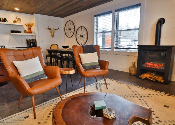 1849 Loft living room with wood burning fire