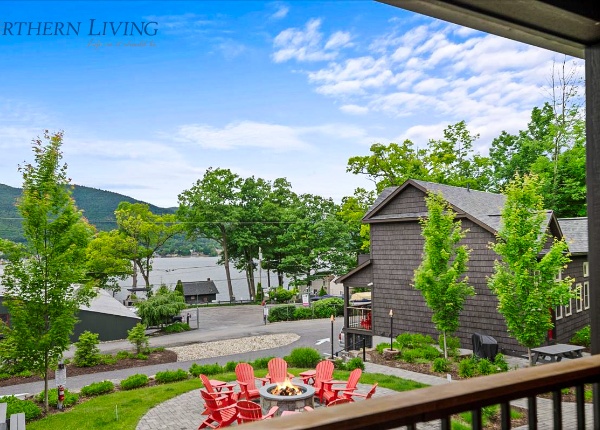 Lakeside Lodging view of firepit and lake