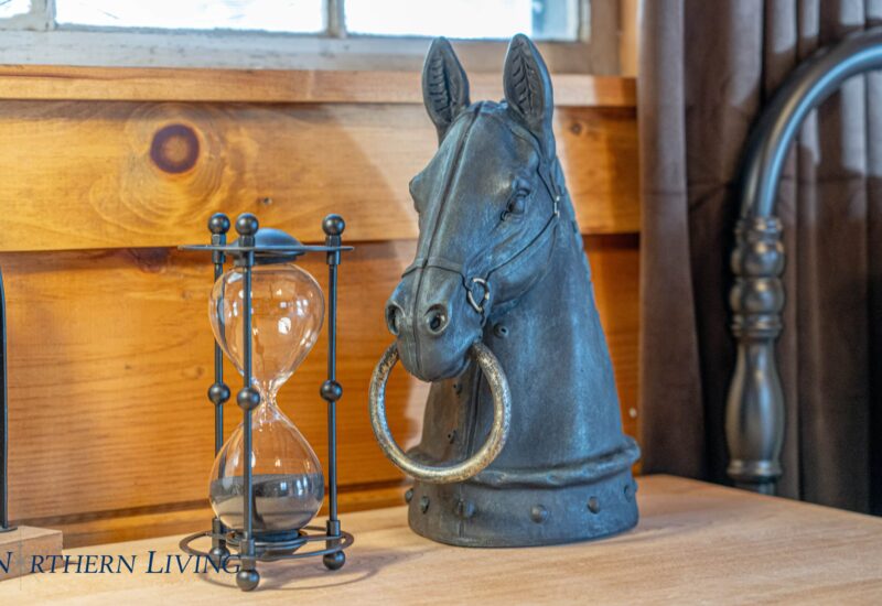 horse head statue with hourglass