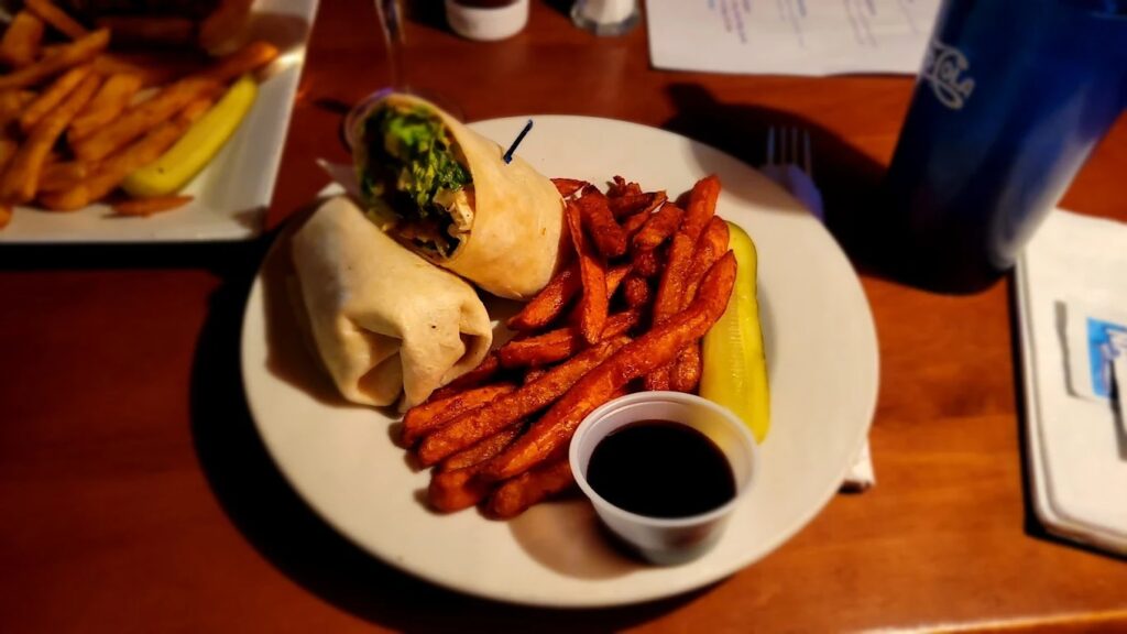 Wrap and sweet potatoe fries at The Long Horn Restaurant in Lake Luzerne, NY