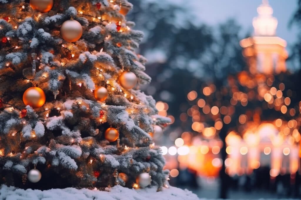 snow covered trees with lights
