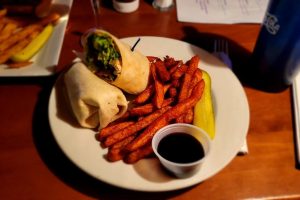 Wrap and sweet potatoe fries at The Long Horn Restaurant in Lake Luzerne, NY
